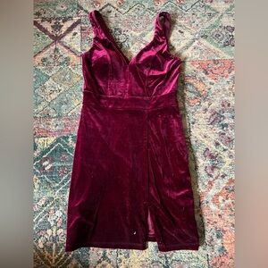 Crystal Doll size 11 red faux velvet fitted mini dress with slit. Worn once.